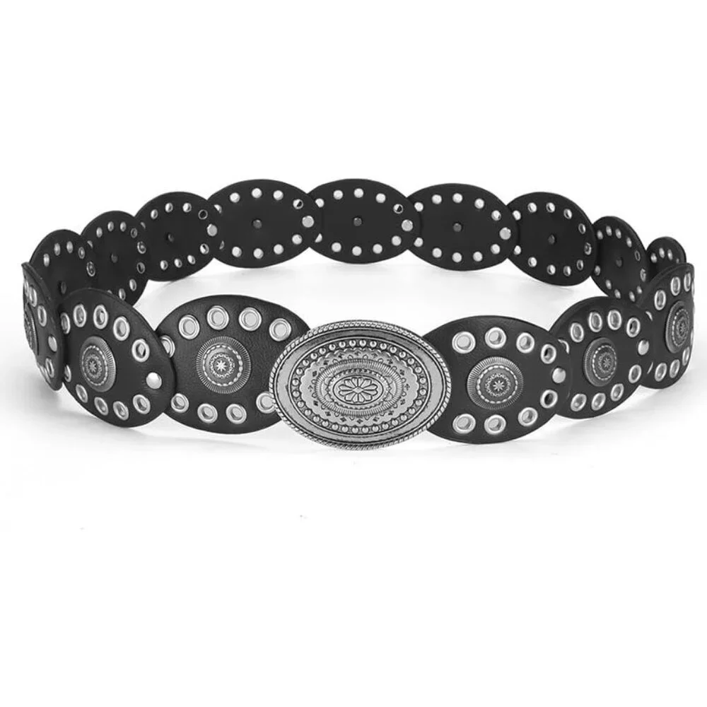 Women’s Wide Leather Western Cowboy Disc Belt Vintage Cowgirl Style for Jeans